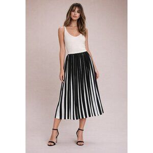 Vintage Black White Pleated Skirt Elastic Waist Striped Midi Skirt Sz 18 USA